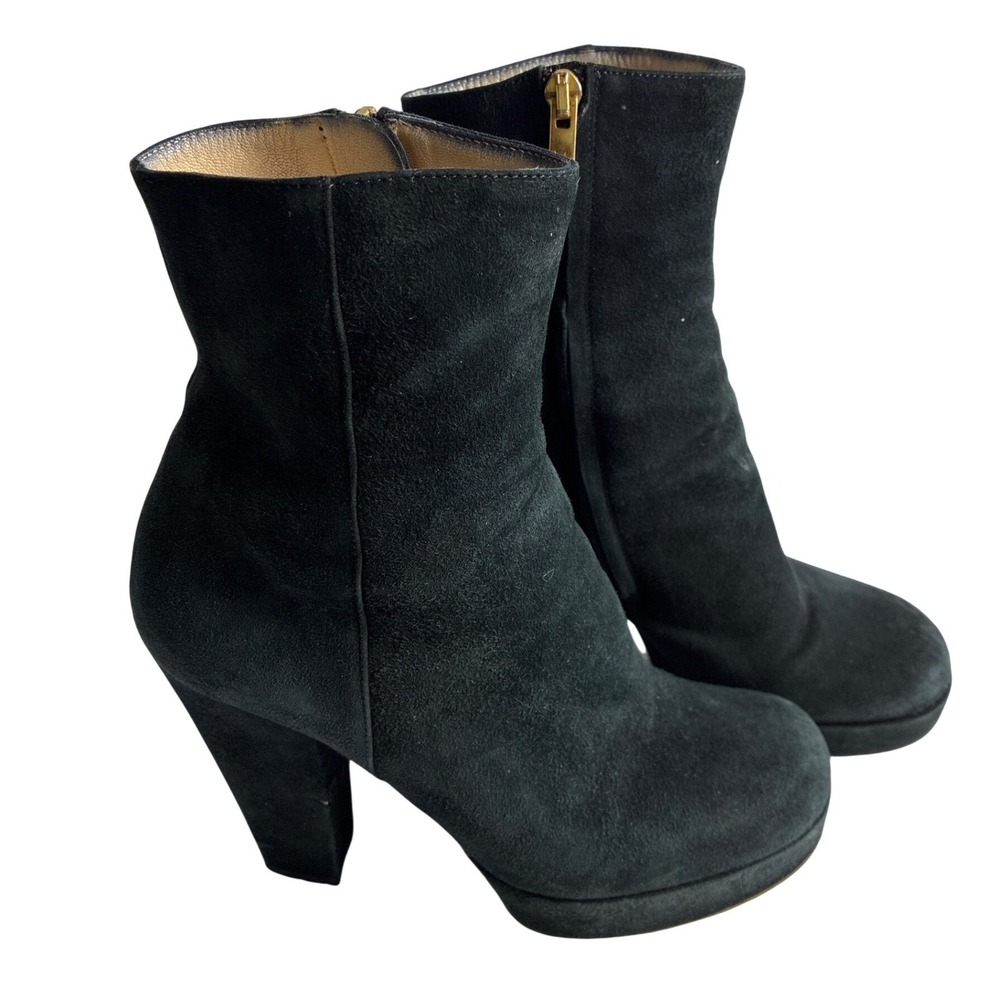 Yves Saint Laurent Black Suede Platform Ankle Boots YSL Gold Zip Block Heel